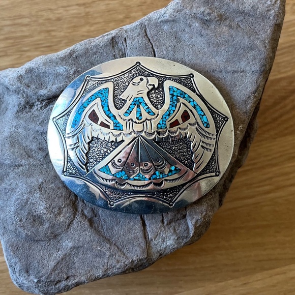 Vintage Thunderbird Belt Buckle Navajo Mosaic Turquoise Chip Jimmie J NEZZIE - Picture 6 of 11
